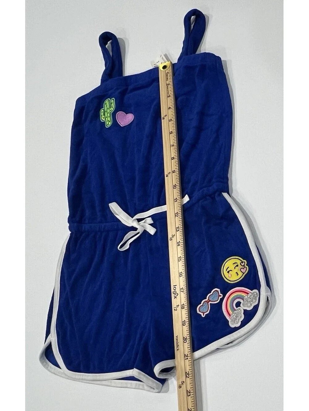 Justice 8/10 Romper Swim Cover Sleeveless Blue Terry Cloth w/ Patches New